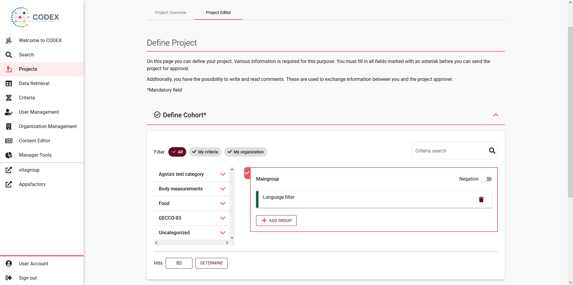 Screenshot of cohort definition