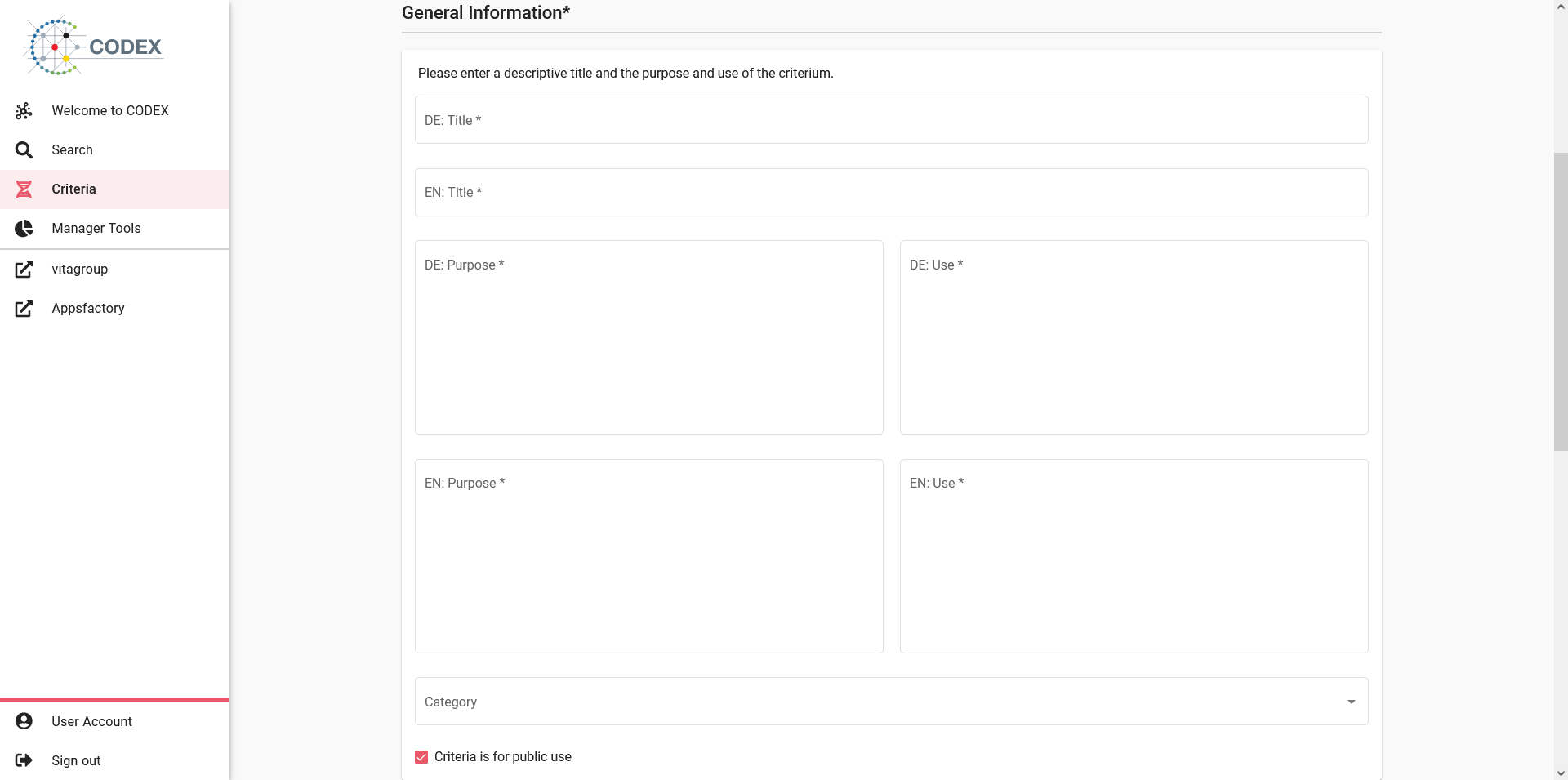Screenshot of criteria editor general information