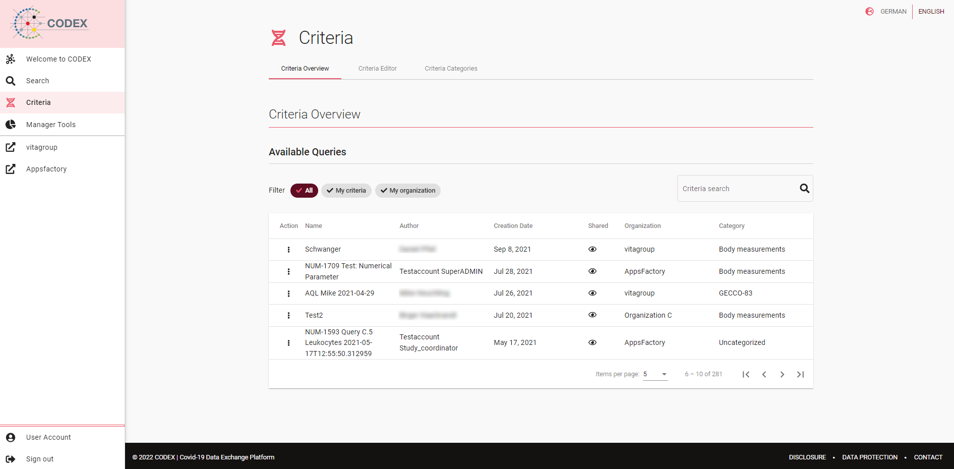 Screenshot of criteria list