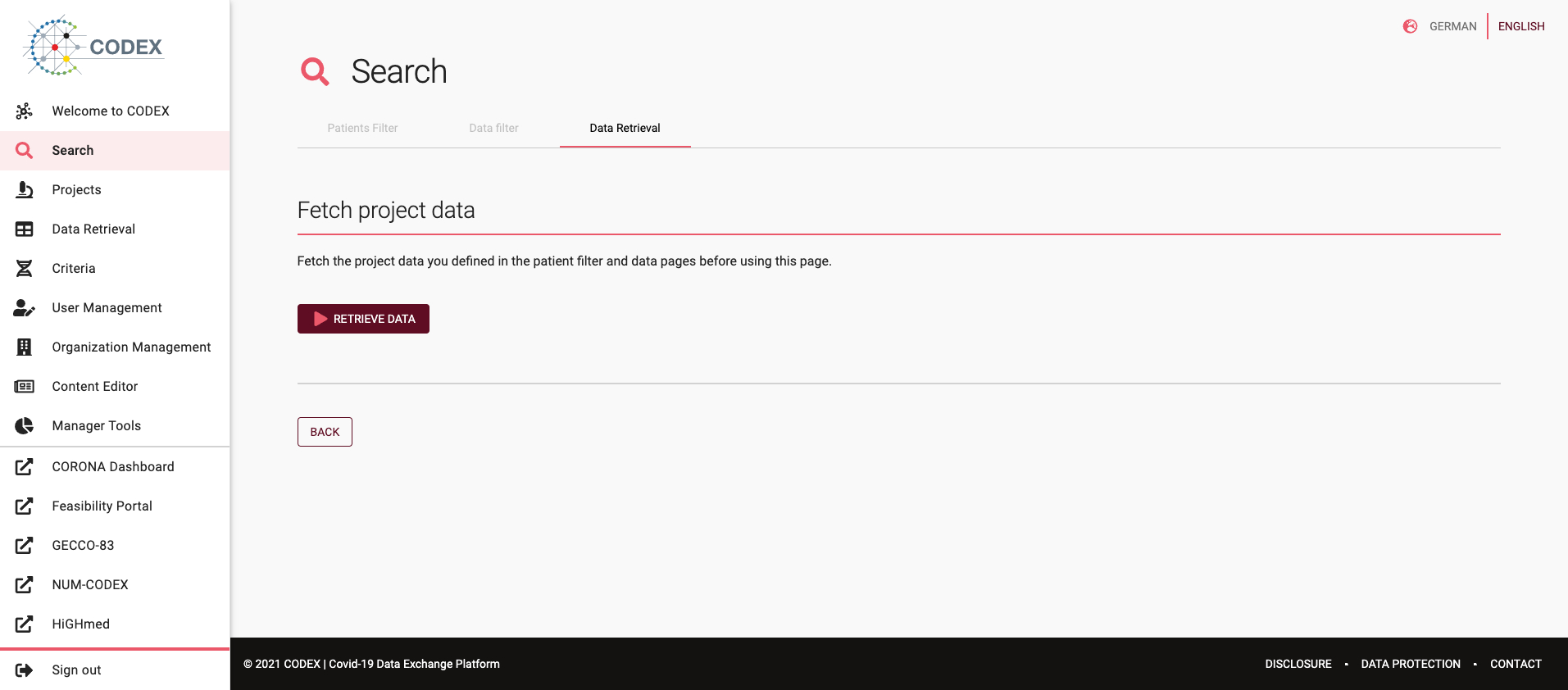 Screenshot of data retrieval