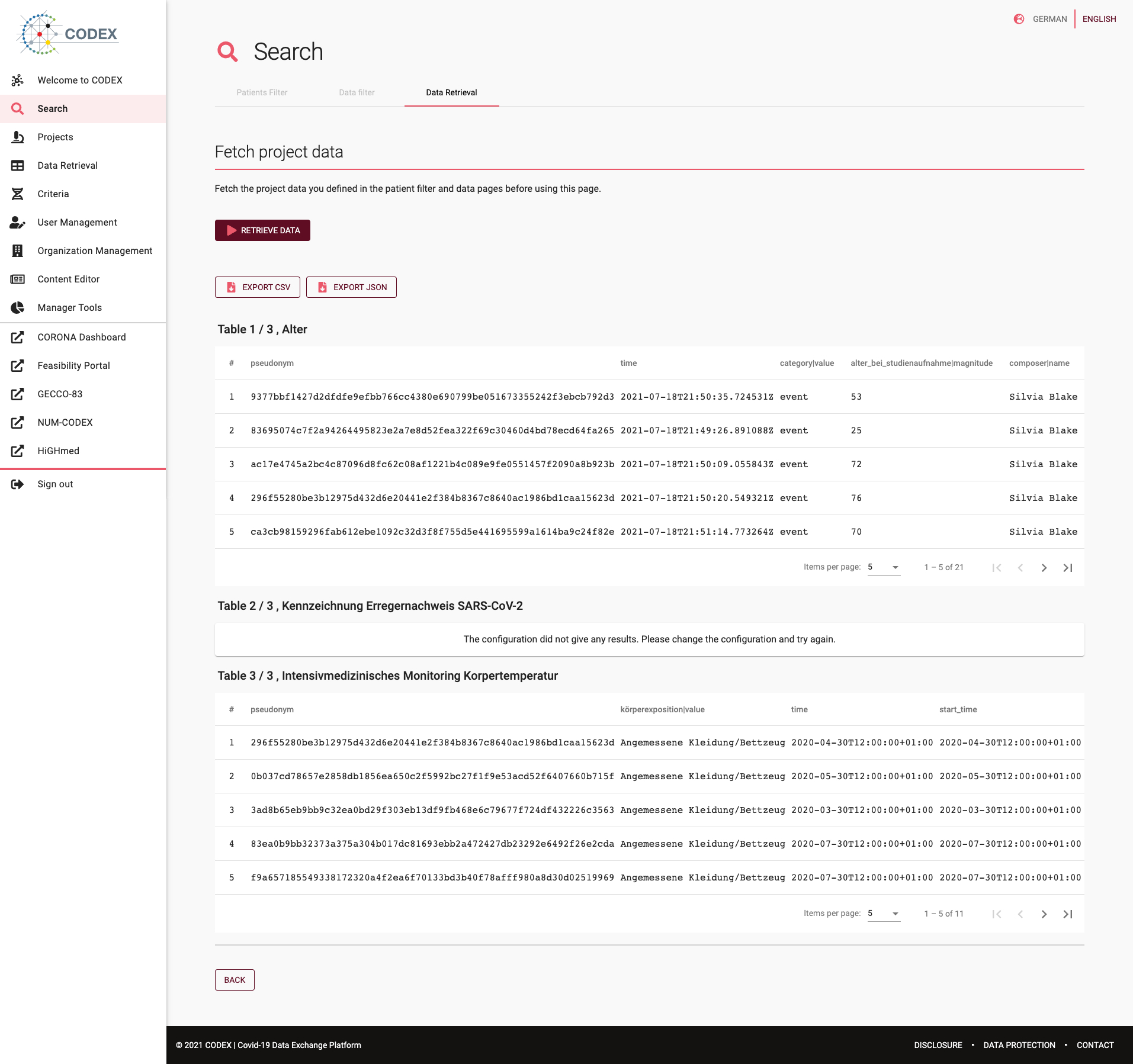 Screenshot of data retrieval tables