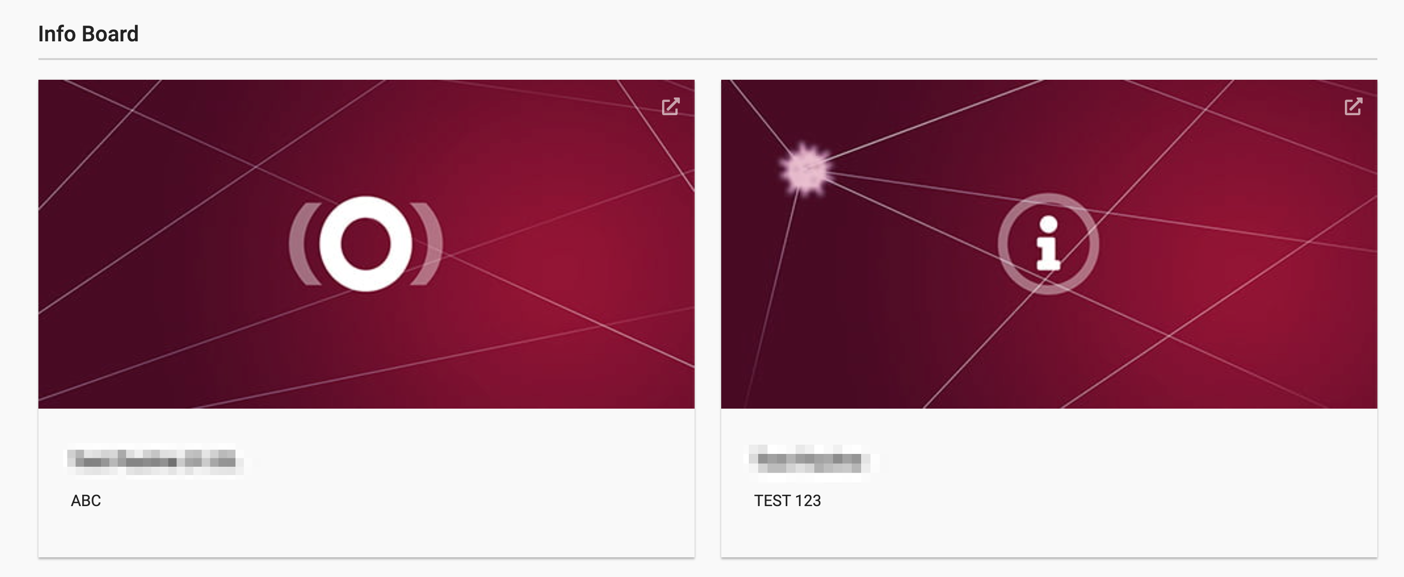 Screenshot of the info board with two cards with test and demo content.