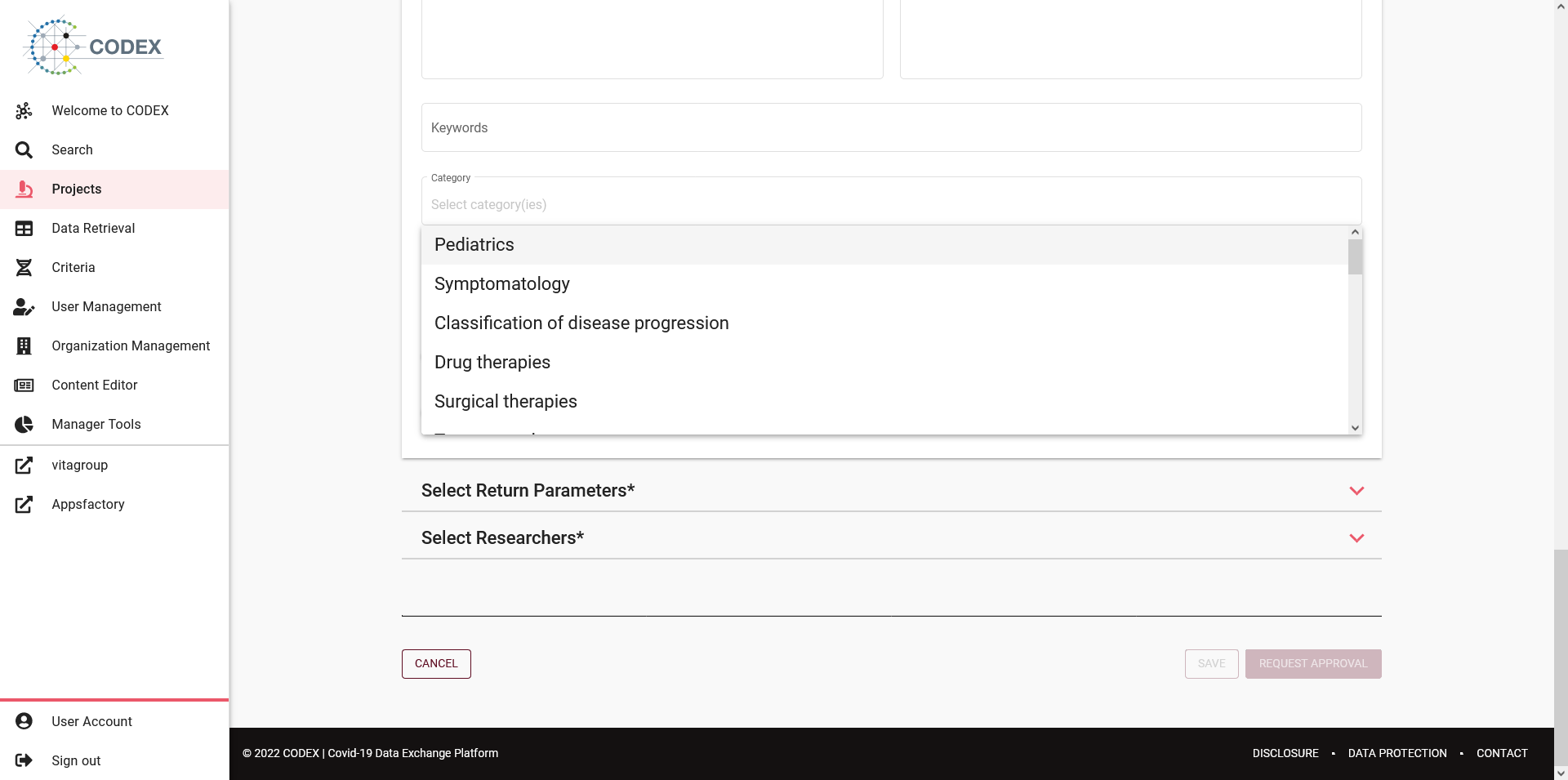 Screenshot of project categories