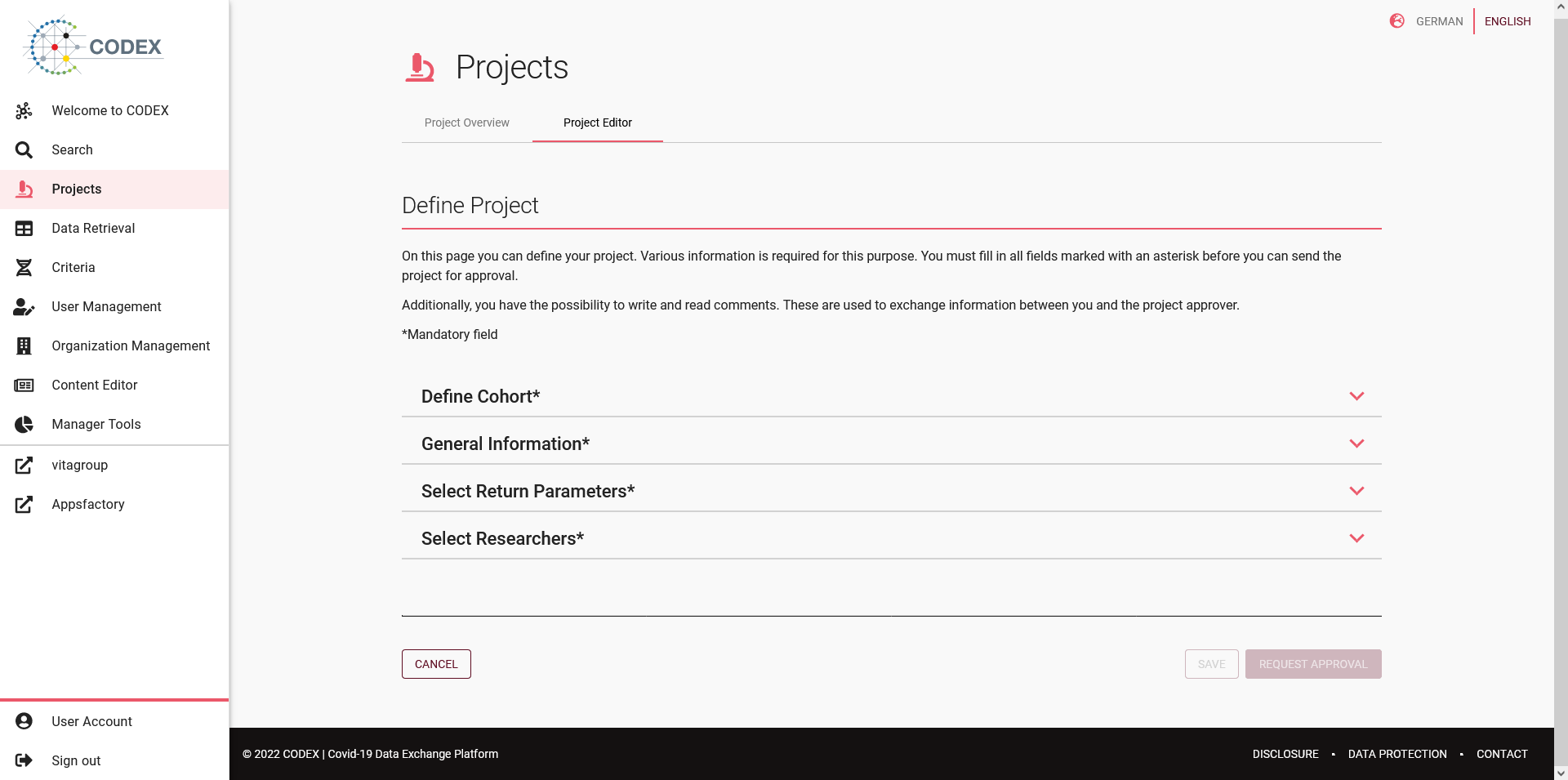 Screenshot of project editor