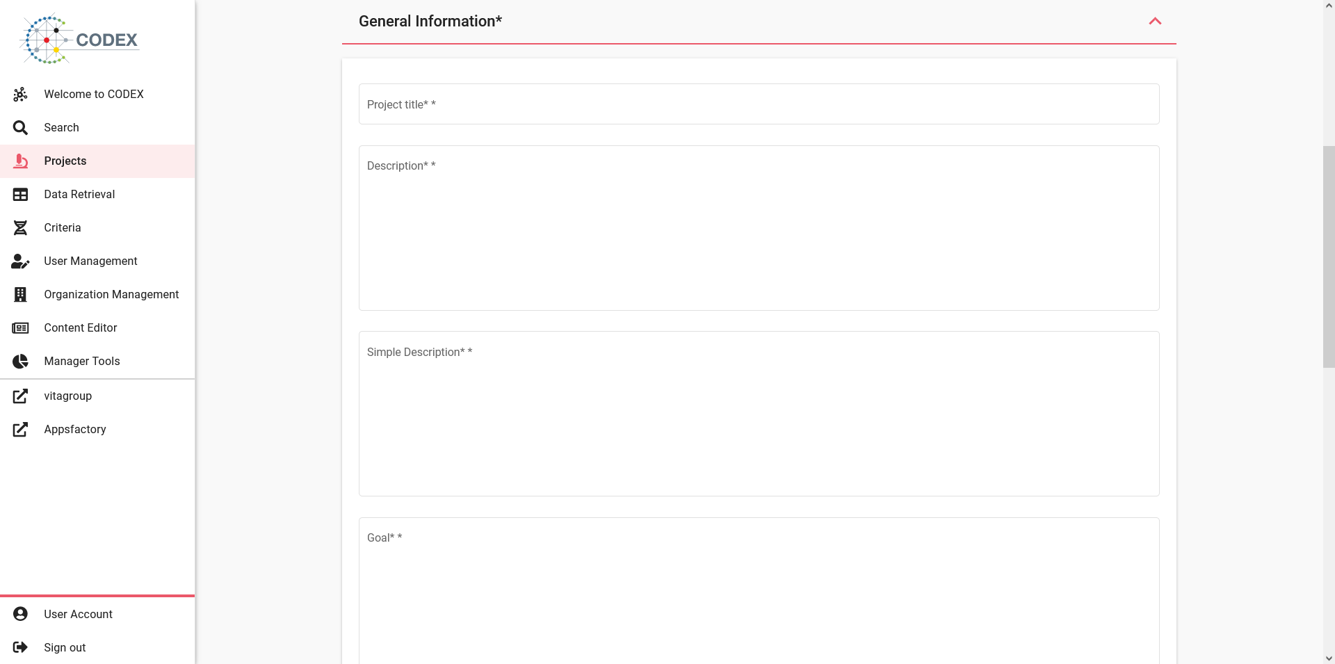 Screenshot of project general info