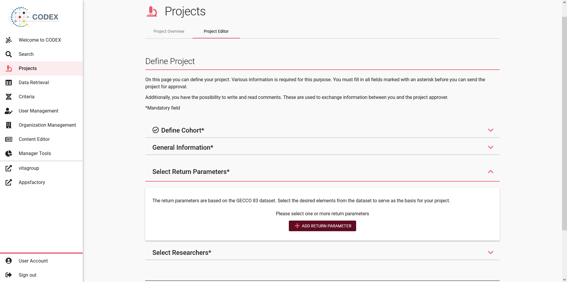 Screenshot of project parameters