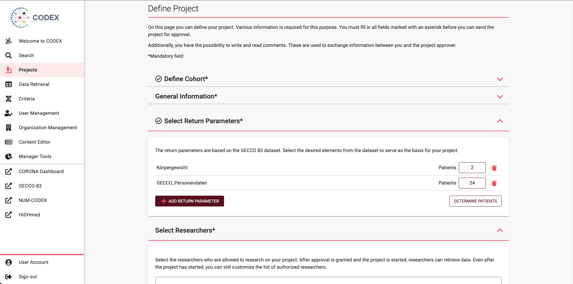 Screenshot of patients per parameter
