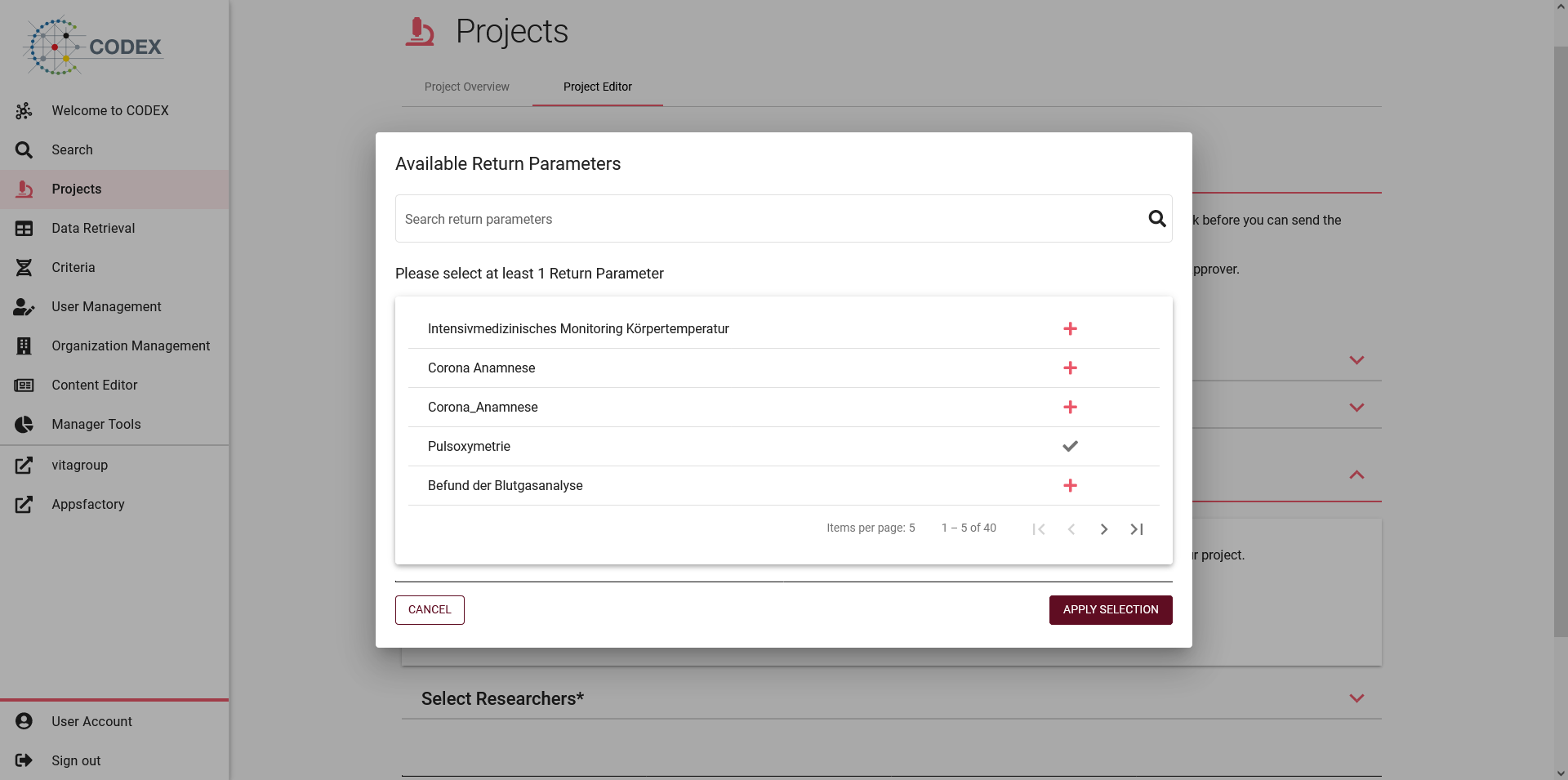 Screenshot of project parameters dialog