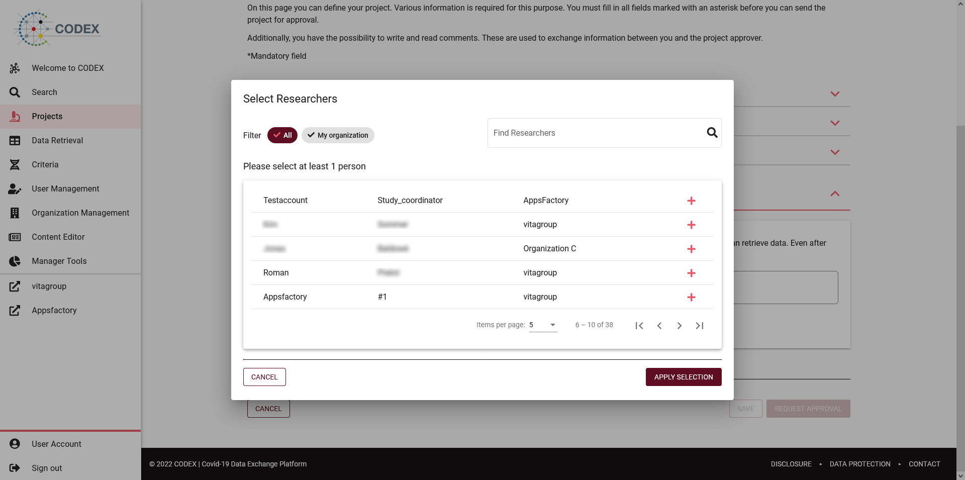 Screenshot project researchers dialog