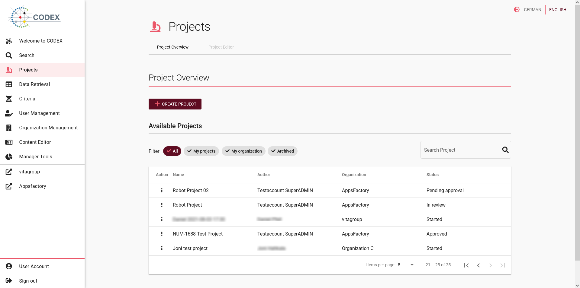 Screenshot of projects list