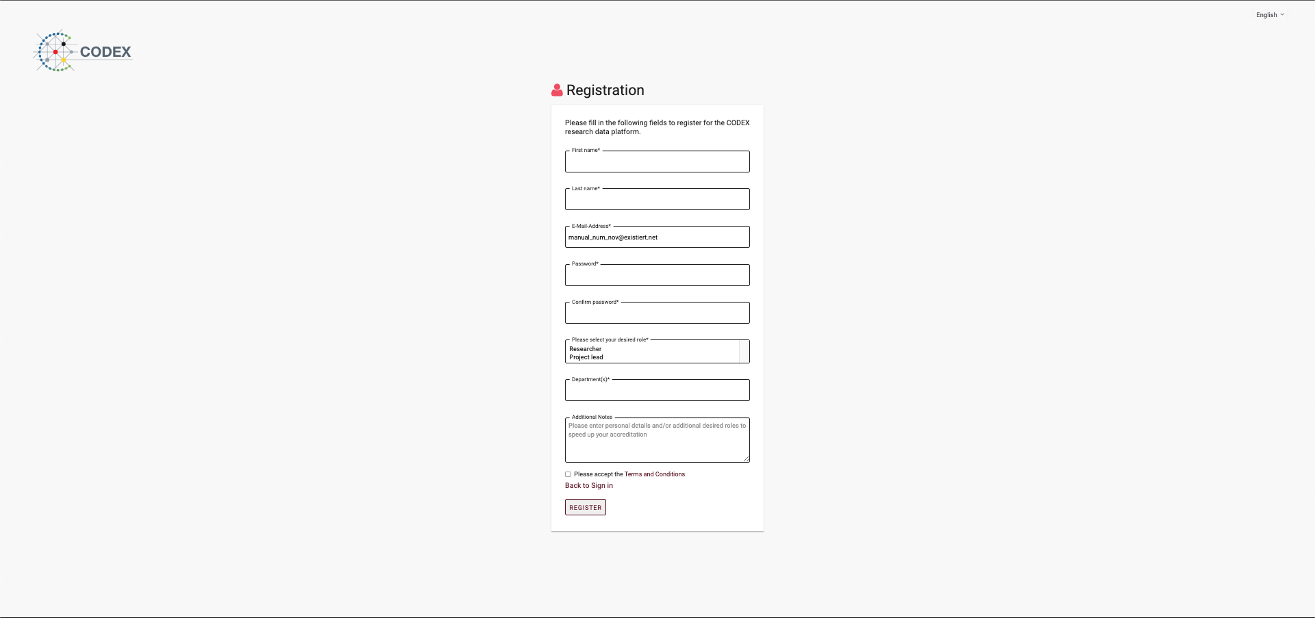 Sign up page with an empty form for first name, last name, email address, password, password confirm, role, department and additional infos and a checkbox for accepting terms and conditions
