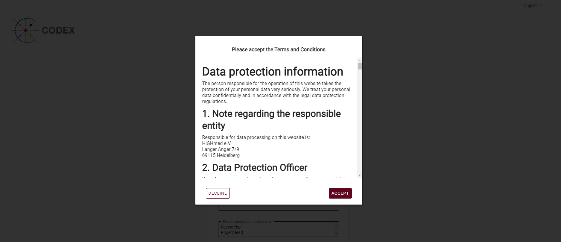 Sign up page with opened terms and conditions modal with to buttons to accept or decline the terms and conditions at the bottom