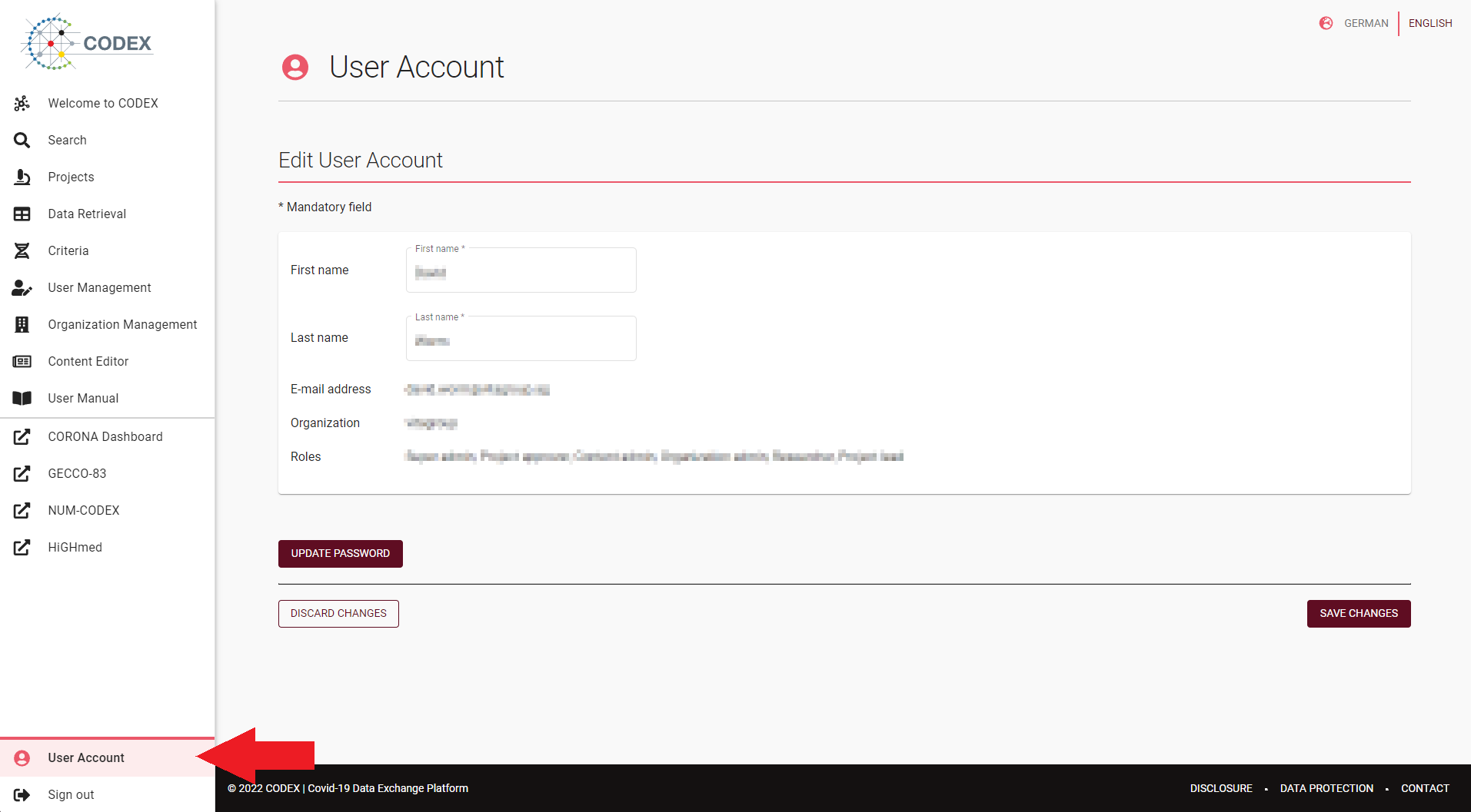 User account view with details and password change option