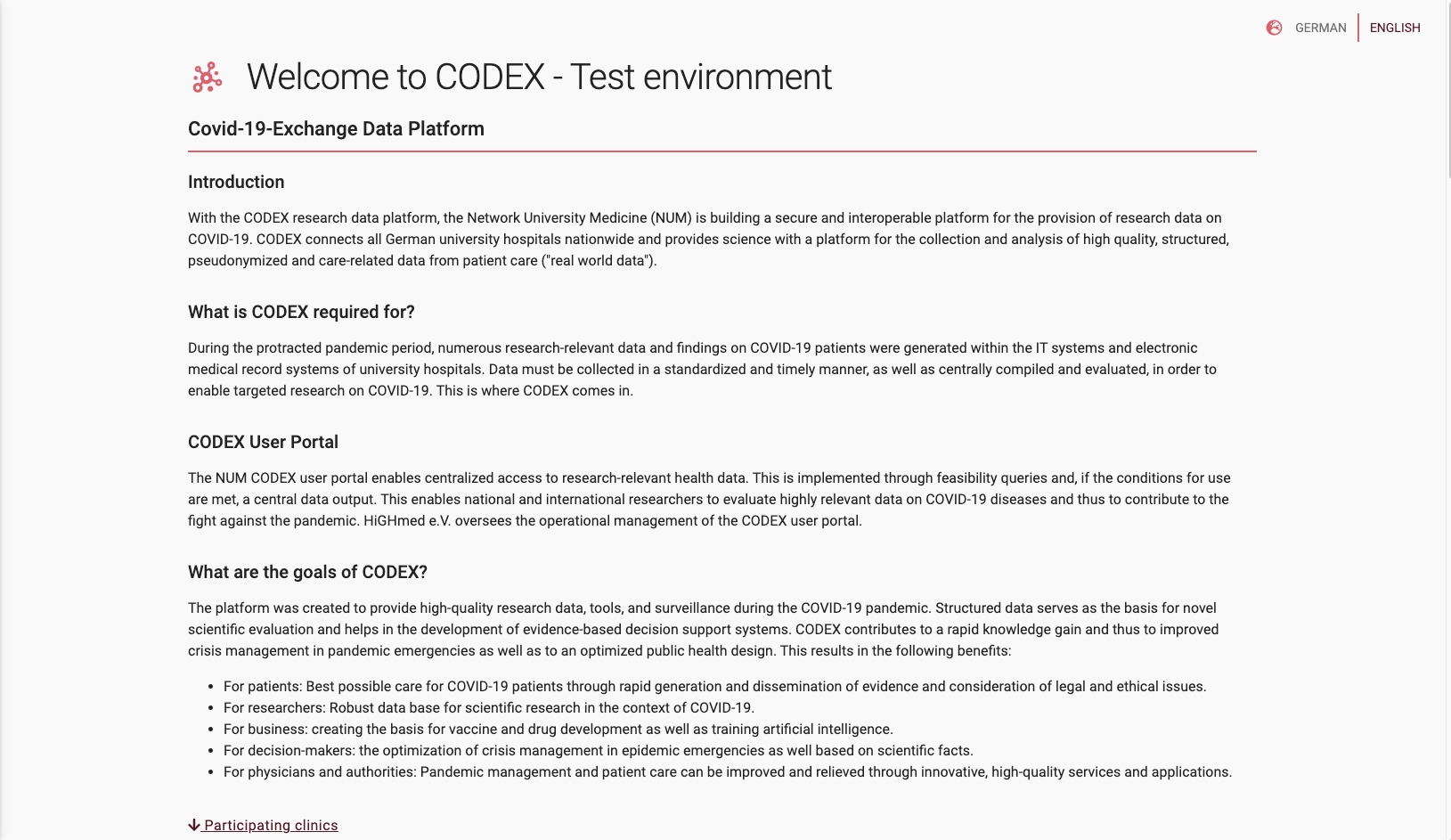 Screenshot of the welcome page showing the introduction text followed by general statistics